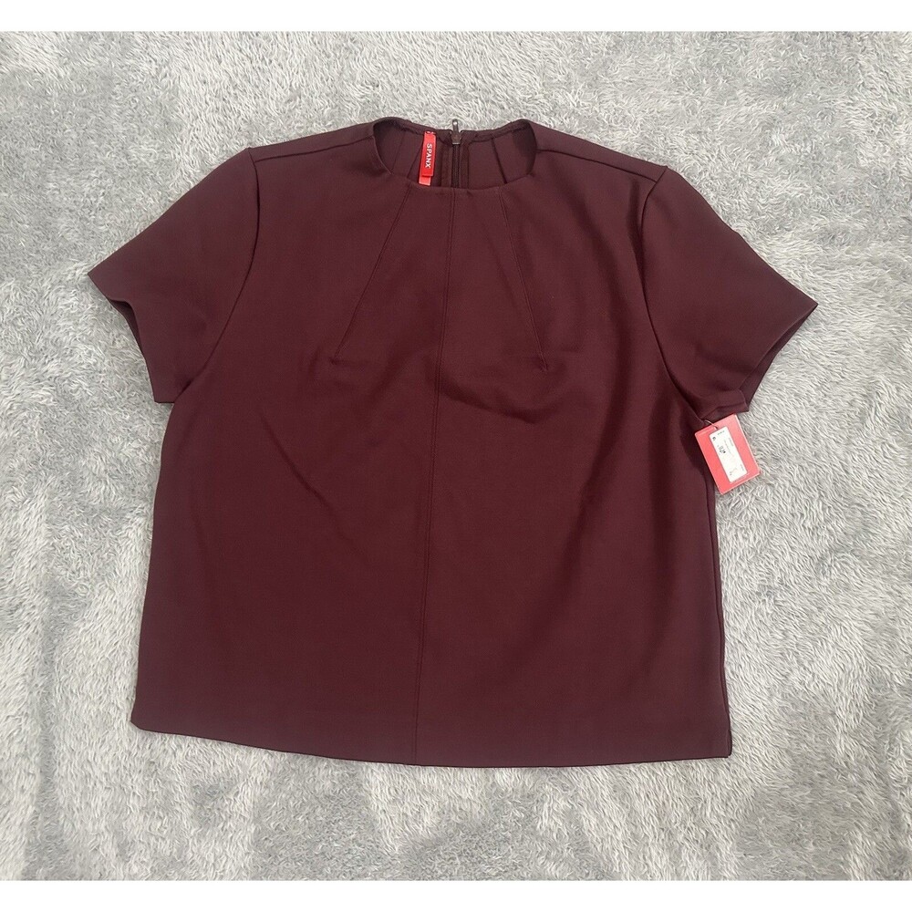 Spanx NWT Women The Perfect Funnel Top Short Sleeve Crew Neck Stretch Chianti M